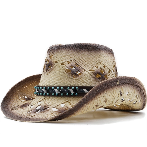 Western Cowboy Straw Hat Retro Gradient Wide Brim Sun Protection Hollow Out Paper Straw Hat With Ethnic Beaded Band