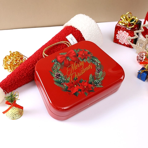 Christmas Candy Gift Box Tinplate Metal Handheld Suitcase Shape Portable Storage Container Holiday Party Favor Organizer