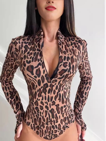 Body Léopard Femme Manches Longues Fermeture Éclair Col Montant Coupe Cintrée Extensible Polyester Élasthanne Streetwear
