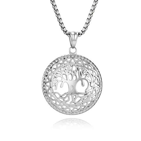Vintage Tree Of Life Stainless Steel Pendant Necklace Hollow Round Celtic Knot Pendant Polished Metal Jewelry For Men Women
