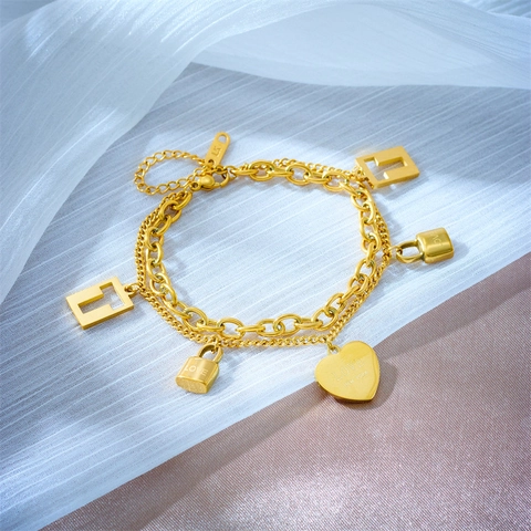 Gold Plated Edelstahl Doppelschichtige Kette Armband Mit Herz Und Schloss Anhänger Graviert Liebe Schmuck Geschenk Für Damen