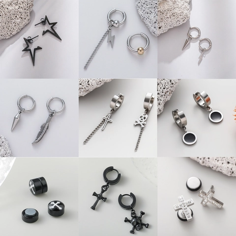 Men Stainless Steel Asymmetric Earrings Punk Hip Hop Gothic Style Jewelry Lightning Skull Cross Star Feather Charms