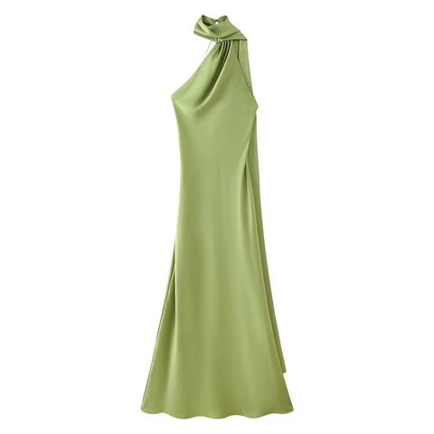 Women Elegant Halter Neck Backless Satin Maxi Dress Sleeveless Scarf Tie Formal Evening Party Wedding Long Dress