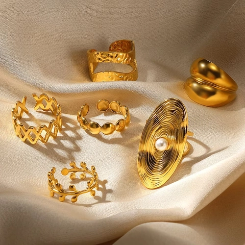 Edelstahl Offener Ring Damen Künstliche Perle Geometrische Falten Textur INS Stil Vintage Übertriebene Verstellbare Ring