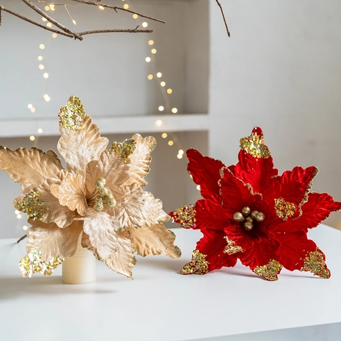 Artificial Poinsettia Flowers Christmas Tree Ornaments Glitter Velvet Fabric Sparkling Holiday Party Home Decoration