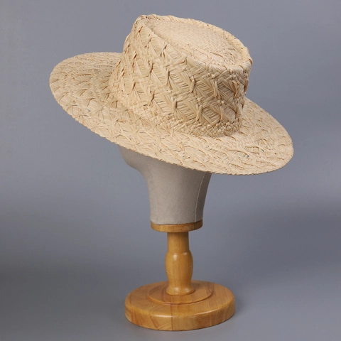 Flat Top Boater Hat Natural Raffia Straw Wide Brim Sun Protection Foldable Summer Beach Travel For Women Men