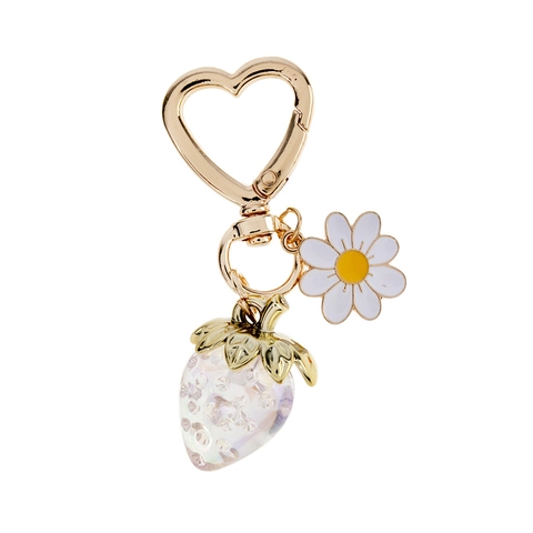 Cute Strawberry Heart Keychain Resin Alloy Daisy Flower Pendant Aesthetic Bag Charm Key Ring For Girls Women Gift