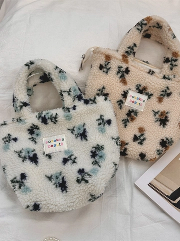 Plush Floral Handbag Sherpa Tote Bag Soft Fuzzy Zipper Closure Autumn Winter Small Top Handle Bag For Women