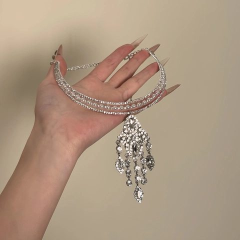 Multi Layer Choker Necklace Alloy Rhinestone Imitation Artificial Pearl Tassel Pendant Silver Tone Elegant Party Jewelry For Women