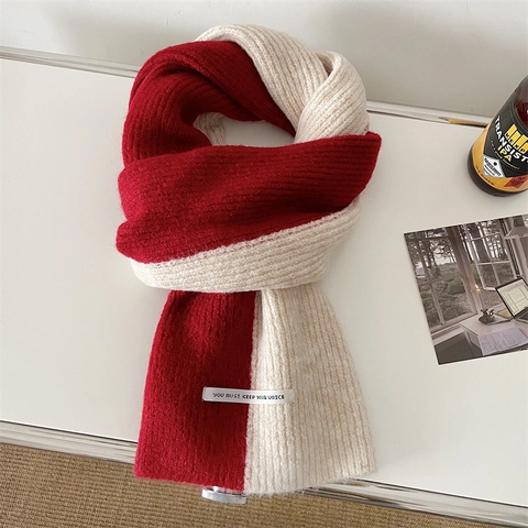 Bufanda De Punto Bloques De Color Gruesa Cálida Invierno Otoño Estilo Universitario Coreano Cuello Con Etiqueta Para Mujeres Hombres