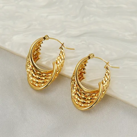Woven Texture Hoop Earrings 18K Gold Plated Stainless Steel Braided Design Vintage French Style Niche Jewelry For Women