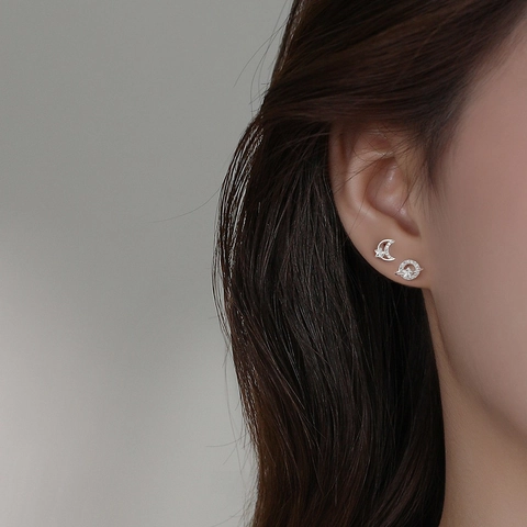 925 Sterling Silver Asymmetric Planet Moon Stud Earrings Inlaid With Zirconia Fine Jewelry Celestial Earrings For Women Daily Gift