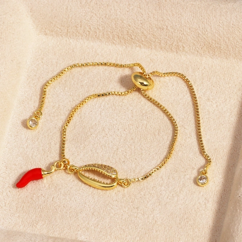 Chili Pepper Shell Charm Bracelet Adjustable Gold Plated Brass Cubic Zirconia Enamel Fashion Jewelry For Women