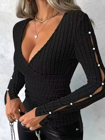 Women V Neck Slim Fit Ribbed Knitted Long Sleeve Top With Artificial Pearl Buttons Elegant Casual Blouse