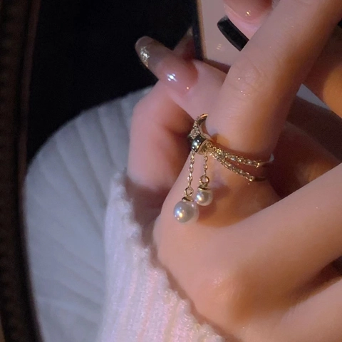Elegant Bow Knot Open Ring Copper With Double Layer Cubic Zirconia And Dangle Faux Artificial Pearl Tassel For Women