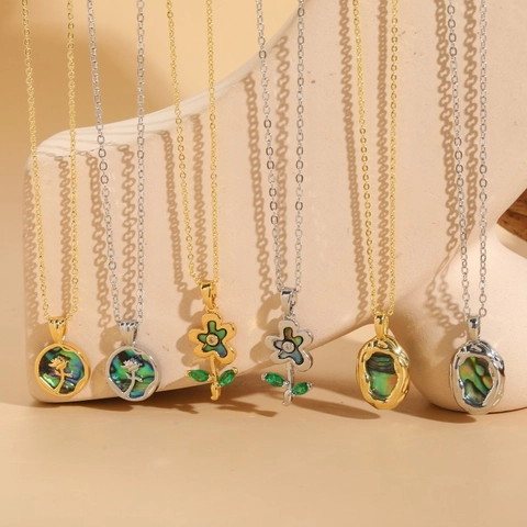 Abalone Muschel Zirkonia Anhänger Halskette Für Damen Kupfer Gold Silber Plattiert Blume Rose Oval Choker Ins Stil Schmuck Geschenk