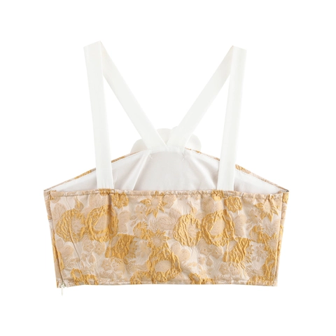 Top Court À Bretelles Pour Femmes Avec Applique Florale Tissu Jacquard Style Doux Sans Manches Été Pour Fête