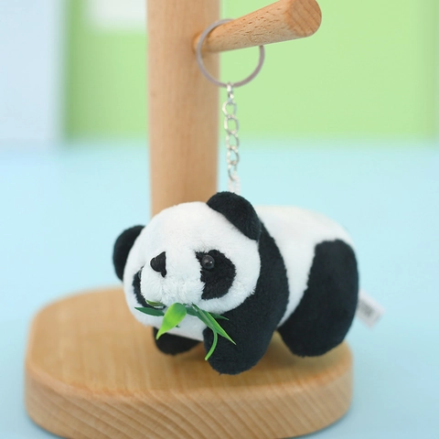 Cute Panda Plush Keychain Soft Stuffed Animal Bag Charm With Green Bamboo Leaf Small Panda Pendant For Kids Women Gift