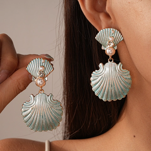 Pendientes Colgantes Concha Esmalte Azul Vieira Brillantes Perla Artificial Imitación Poste De Plata De Ley 925 Mujer