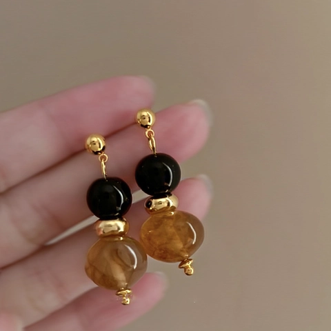 Orecchini Pendenti Vintage Con Perno In Argento 925 Resina Ambra Marmorizzata Perla Nera Gioielli Per Donna