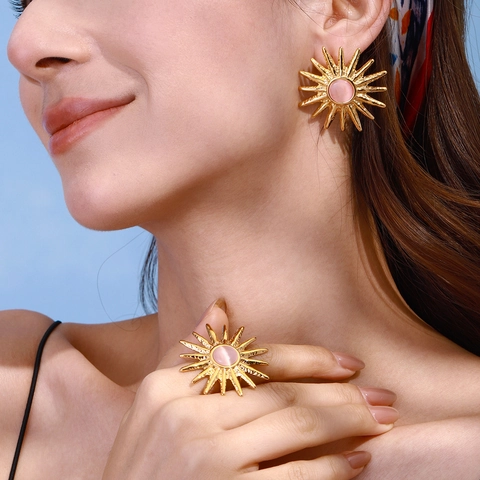 Sunburst Starburst Ring And Earrings Stainless Steel Hammered Texture Pink Cat Eye Stone Waterproof Hypoallergenic Jewelry