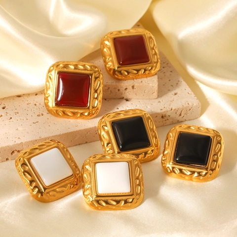 Vintage Quadratische Runde Ohrringe Edelstahl Vergoldet Gehämmerte Textur Retro Französischer Stil Damen Schmuck