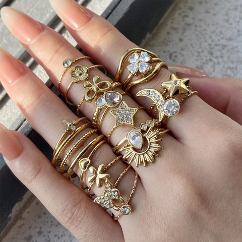 Anelli Regolabili In Acciaio Inossidabile Placcato Oro Con Zircone Stella Luna Farfalla Croce Cuore Gioielli Per Donne