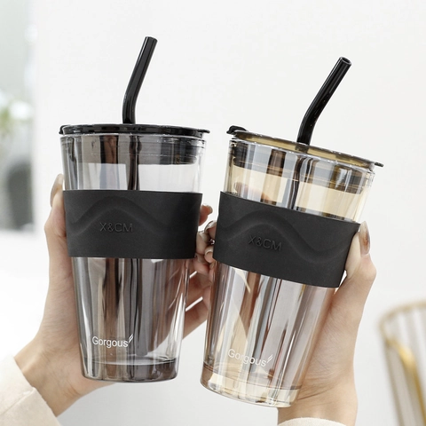 Glass Tumbler With Silicone Sleeve And Straw Lead-free Portable Leak-proof Coffee Water Cup For Home Office Travel