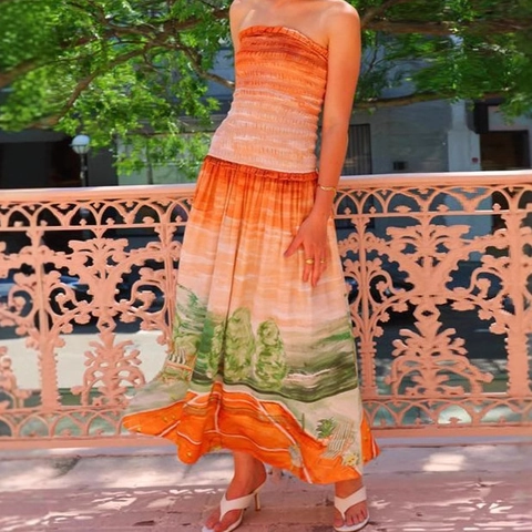 Vestito Lungo Senza Spalline Donna Stampa Paesaggio Sfumato Pieghettato Vita Alta Sexy Boho Abito Da Spiaggia Estivo