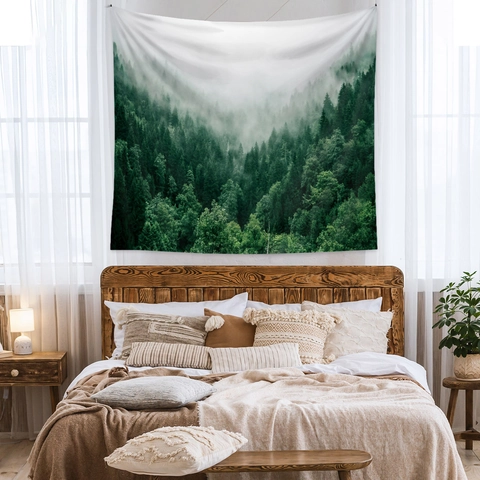 Wall Tapestry Misty Forest Nature Scenery Polyester Fabric Hanging Decor For Bedroom Living Room Bohemian Style Sunbeams Art