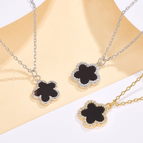 925 Sterling Silver Flower Necklace And Earrings With Black Agate Zircon Gold Plated Elegant Jewelry For Women