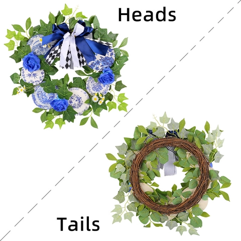 Artificial Wreath Blue White Porcelain Style Satin Rose Bowknot Natural Rattan Door Hanging Farmhouse Home Decor