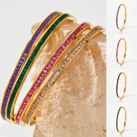 Minimalist Stainless Steel Bangle With Rectangular Colorful Cubic Zirconia Hinge Clasp For Women Retro Elegant Jewelry