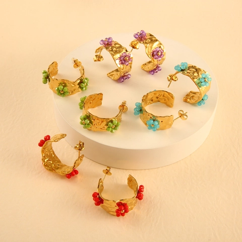 18K Gold Plated Stainless Steel Flower Hoop Earrings With 925 Sterling Silver Earring Post Hammered Beaded Floral Jewelry