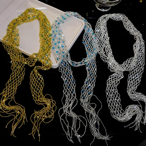 Vintage Light Luxury Crystal Beaded Tassel Scarf Necklace For Women Long Handcrafted Glass Bead Sweater Chain Fashion Jewelry Accessory