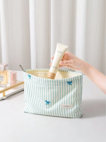 Neceser De Lona A Rayas Con Lazo Bordado Bolsa De Cosméticos Portátil De Gran Capacity Organizador De Viaje Para Aseo
