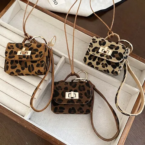 Collier Pendentif Mini Sac Imprimé Léopard Cuir Longue Chaîne De Pull Fermoir En Métal Doré Bijoux Mode Pour Femmes