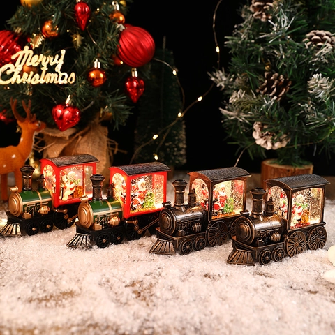 Palla Di Neve Treno Di Natale Lanterna Ad Acqua LED Fiocco Di Neve Glitterato Vintage Retro Dipinto Regalo Da Scrivania