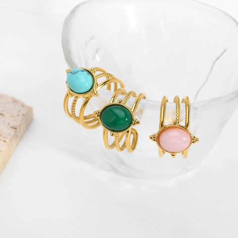Vintage Stainless Steel Open Ring Gold Plated Emerald Green Natural Stone Adjustable Boho Heart Sunburst Statement Ring Jewelry