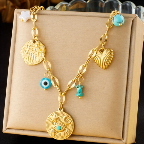 Stainless Steel Multi Charm Necklace Evil Eye Hamsa Hand Heart Star Moon Round Plaque Bohemian Style Jewelry For Women