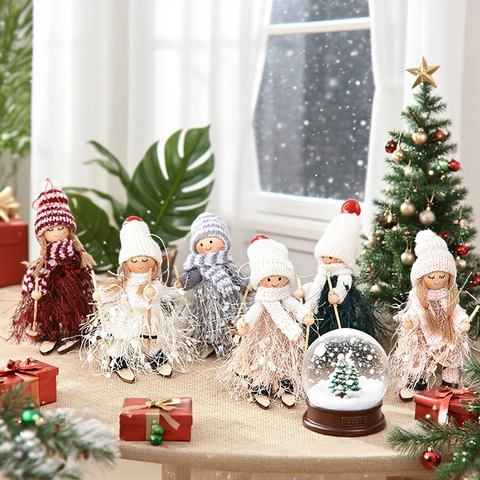 Christmas Skiing Doll Ornaments Wooden Knitting Yarn Tassel Figures Hanging Decorations Xmas Tree Tabletop Decor