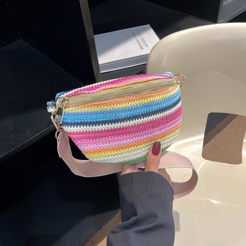 Bunte Gestreifte Gewebte Brusttasche Böhmische Sommer Strand Umhängetasche Bauchtasche Breiter Gurt Lässig Ethnisch Damen