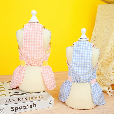 Gingham Karo Haustier Hundekleid Polyester-Baumwoll-Mischung Prinzessinnenstil Katze Welpenkleidung Mit Buchstabenstickerei Sommerbekleidung