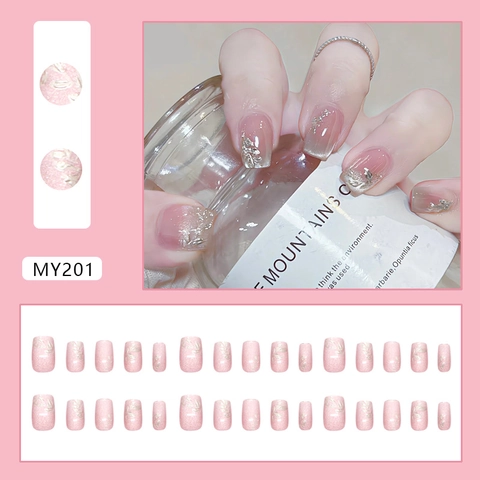 Roze Cat Eye Press On Nagels Met Zilveren Bladpatronen Korte Vierkante Kunstnagels Elegante Manicure Voor Vrouwen