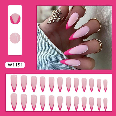 Lange Stiletto Aufklebe Nägel Magenta French Tip Rosa Glänzend Künstliche Falsche Fingernägel Salon Stil Für Frauen