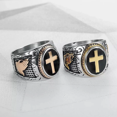 Heren Ring Titanium Roestvrij Staal Verguld Retro Hip Hop Punk Kruis Biddende Handen Reliëf Sieraden