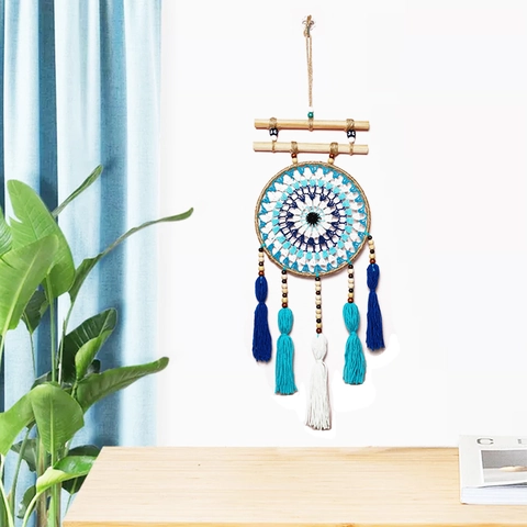 Handmade Evil Eye Dreamcatcher Bohemian Woven Cotton Wall Hanging Decoration With Tassel Wood Beads For Home Bedroom