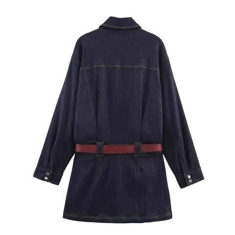 Donkerblauwe Denim Shirtjurk Mini Met Lange Mouwen Rode Riem Reverskraag Zakken Casual Mode Voor Dames