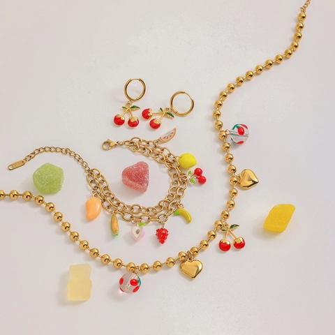Collezione di Gioielli in Acciaio Inossidabile Frutta Smalto Fragola Ciliegia Cuore Collana Bracciale Orecchini Perla Artificiale