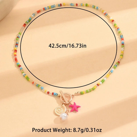Beaded Necklace Colorful Seed Beads With Alloy Shell Starfish And Imitation Artificial Pearl Pendant Summer Beach Jewelry For Women